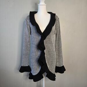 Y2k Ruffle Trim Flare Sleeve Long Cardigan Black White M Whimsygoth Fairy Goth